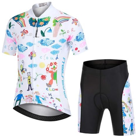 L PATTERN Kinder Radtrikot Set Jungen radsport anzüge (Fahrrad Trikot Kurzarm + Radhose) Mädchen Fahrradbekleidung Anzug mit Sitzpolster, Cartoon freudig Welt Weiß, 146/152(Tag:XL)