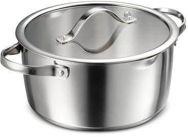 Tramontina Tempo - Olla holandesa de acero inoxidable con base de tres capas de 5 cuartos de galón con tapa de vidrio, lista para inducción, apta para horno, apta para lavavajillas