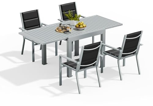 Devoko Gartenmöbel Set 4 Personen,4+1 Aluminium Tisch und Stühle Set Balkonmöbel, 4 Stapelbare Gartenstühle und 1 80/160 cm Dehnbarer Gartentisch,Terassen möbelsets außen Lounge, Hellgrau