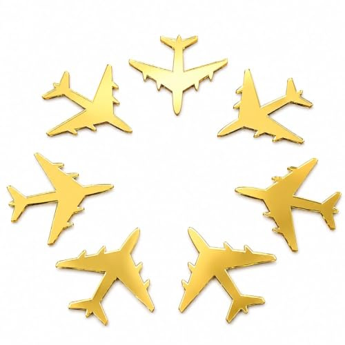 7 Acrylic Airplane Cake Toppers – Mirror Aeroplane Cupcake Decorations for Travel, Aviation & Pilot Themed Birthday Party.(Gold Mirror Acryl)
