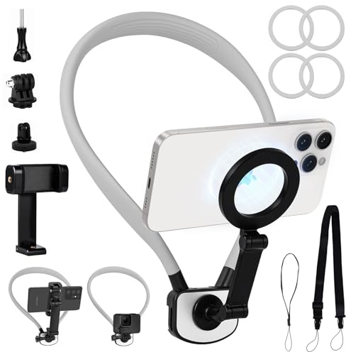 HOTUT Magnetic Neck Mount for Phones and Action Camera, Neck Cell Phone Holder POV/Vlog Free Phone Neck Holder Chest Stand Strap Video Recording for iPhone 16 15 14 13 12 Seires Android Smartphones