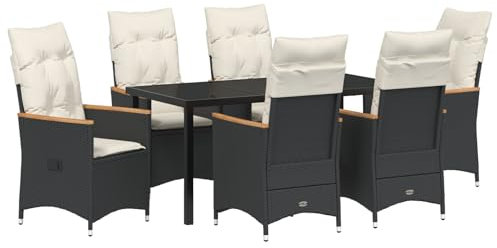 vidaXL Garten Essgruppe mit Kissen 7 pcs Schwarz Poly Rattan, Garten- und Terrassenmöbelset, modernes Liegesystem, Patio-Lounge, ergonomischer Komfort zum Entspannen