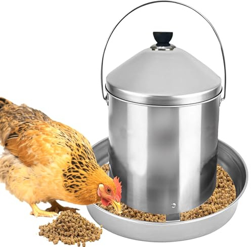 futterautomat hühner, 4kg, Edelstahl, geflügel futterautomat, Aufhängbar, Kein Abfall, für Hühnerfutter, Entenfutter, Wachtelfutter, futtertrog hühner