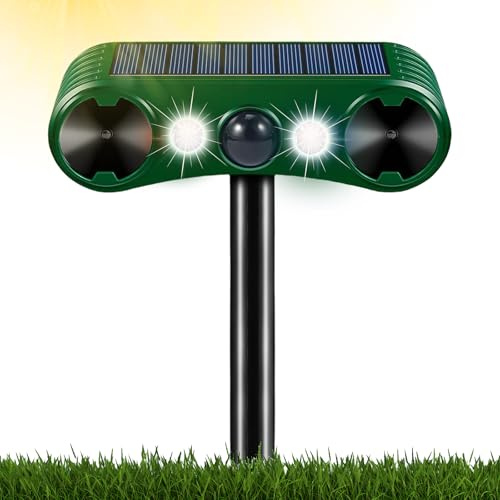 Ultrasonic Cat Repellent, Cat Deterrents Solar Powered Animal Repeller 2 Modes, IP55 Waterproof Wild Animal Scarer Repellent with PIR Motion Sensor & Flash for Farm Garden Yard Cats, Dogs, Fox, Bird