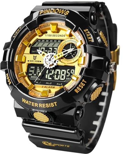 PINDOWS Men's Analogue Digital Watch, Clear Gold, 50M Water Resistant | Bright LED backlight, 3 alarms, countdown timer, 1/100-second stopwatch, date, weekday and dual-time display