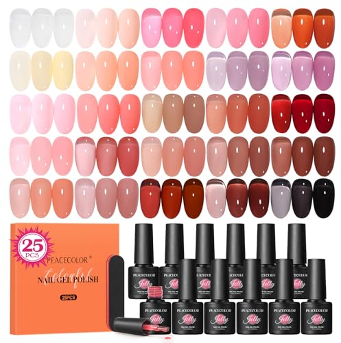 Peacecolor 25 färger UV nagellackset, gelnagellack UV mjölkvit rosa röd svart jelly gel nagellack transparent natur UV-lack för gelnaglar naglar gör själv presenter för nybörjare