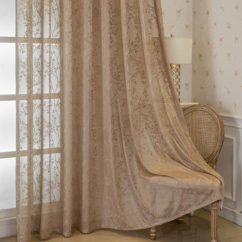 Lsimeru Braun Vorhang Wohnzimmer Modern Ösen Zweigemuster Halbtransparent | Natur Landhausstil Gardinen Lichtdurchlässig Romantisch Ösenschal Ösenvorhang 2 Stück 100x250