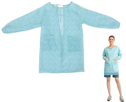 Gadpiparty Long Sleeve Apron for Adults - Waterproof Smock with Pockets for Women & Men - Blue Wipeable Polyester Tabard - Protective Cooking Gardening Painting Overall - 80cm