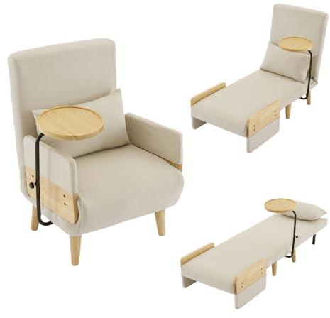Luonians Sofá cama convertible, sillón convertible 3 en 1 con función de cama, con bandeja de madera, silla plegable acolchada, asiento acolchado, sillón, cama individual (beige + lino)