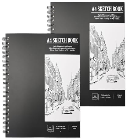 2 Pack A4 Sketch Book, 100 Sheets Spiral Bound Sketch Pad, Hard Cover Drawing Pad for School, Art Projects, Sketching and Drawing