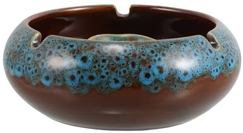 CHILDWEET Large Ceramic Windproof Ashtray for Smoking with Curved Inner Bowl, Decorative Blue-tinted Glaze Smoking Tray for Home, Office, and Living Room Use