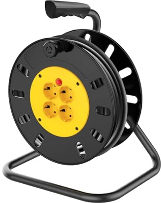 Rallonge à enrouleur robuste de 25 m, enrouleur extérieur à 4 prises avec protection thermique, fiche 13 A pour tondeuse à gazon et outils électriques