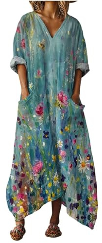 Mfhmom Vestito Donna Estivo Spiaggia Caftano Boho Chic in Cotone Lino con Grandi Tasche Abito Lungo Scollo V Traspirante Vestiti Estivi Donna Leggeri Morbido Vacanze Mare Trendy