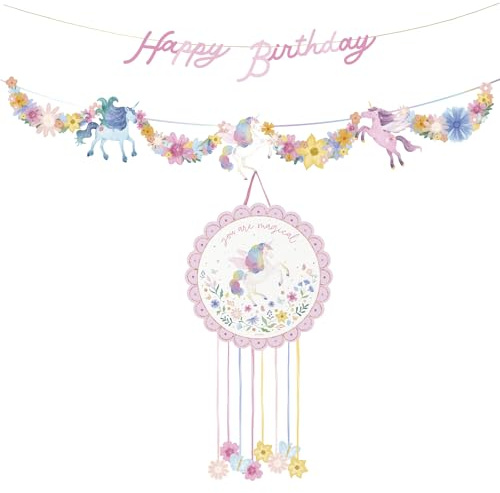 OH YEAH - Piñata zum Geburtstag mit magischen Einhörnern, Ø 42 cm + Girlande Happy Birthday, Kindergeburtstagsdekoration, große Pinata zum Befüllen mit Spielzeug und Süßigkeiten, einfach zu befüllen