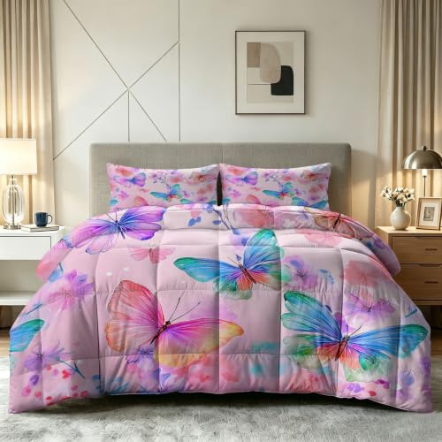 Generiskt täcke 155 x 220 cm 4 årstider – Drömlik sommartäcke, tvättbar barnfilt utan överdrag – blommor djur fjärilar – barnsängkläder med 2 örngott