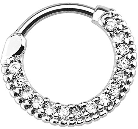 Piersando Piercing Scharnier Clicker Ring Schild Tribal mit Kristall Strass Steinen Vintage Septum für Tragus Helix Ohr Nase Lippe Brust Intim Silber Clear 1,2mm