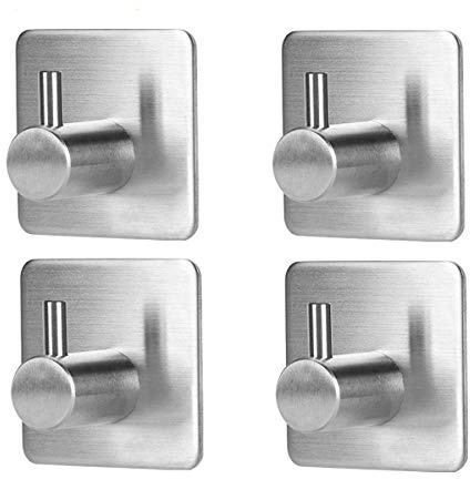 SUSHJA Self Adhesive Stainless Steel Hooks with Extra 3M Stickers, Waterproof & No Drill Glue Needed for Kitchen/Bathrooms/Office/Closet/Cabinet-Pack of 4, Grey, B