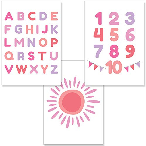 PREMYO Bilder Kinderzimmer Alphabet ABC Poster Set Sonne Rosa A4 | Deko Mädchen, Babyzimmer, Wandbilder Schlafzimmer