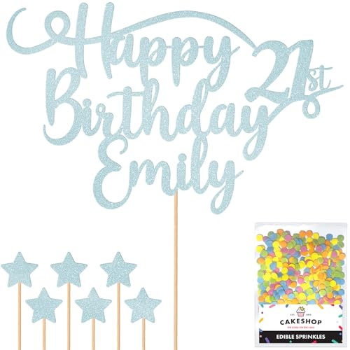 Personalised Happy Birthday Glitter Cake Topper - Light Blue Any Name & Any Age Glitter Cake Decoration and Sprinkles - Happy Birthday Decorations - Personalised Toppers for Cakes by Cakeshop