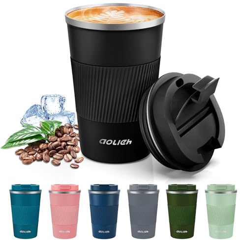 Aolieh Travel Mug 380 ml, Insulated Coffee Cup with Lid, Reusable Stainless Steel Thermal Cup for Coffee, Tea & Cold Drinks, Leak-Resistant Double-Walled Travel Mug, Black