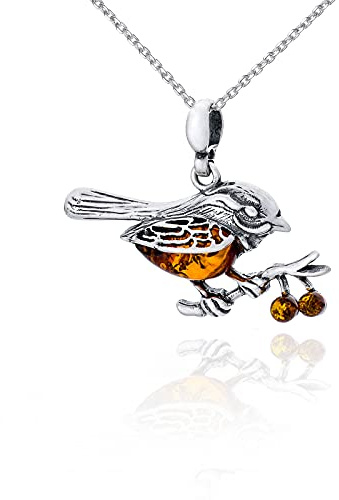AMBEDORA Collier Femme Amber Sparrow, Argent Sterling Oxydé, Ambre Baltique de Couleur Cognac, Pendentif en Argent avec Chaîne
