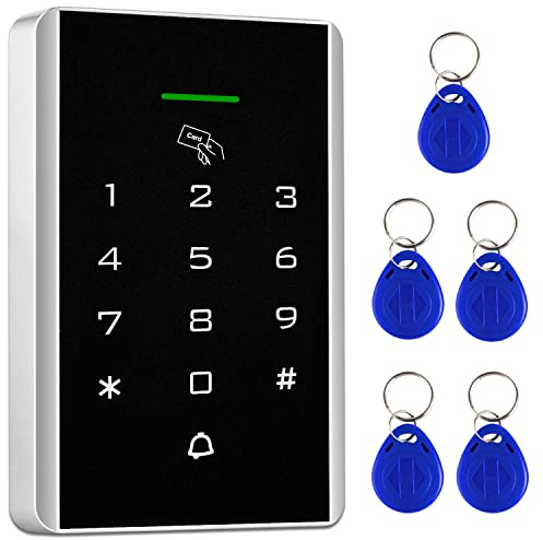 Door Access Control Keypad, 125KHz Proximity ID Card Access Control System, Support 1000 Users Door Access Control, Stand-Alone Keypad + 5PCS Keychains for Entry Access Controller Gate Opener