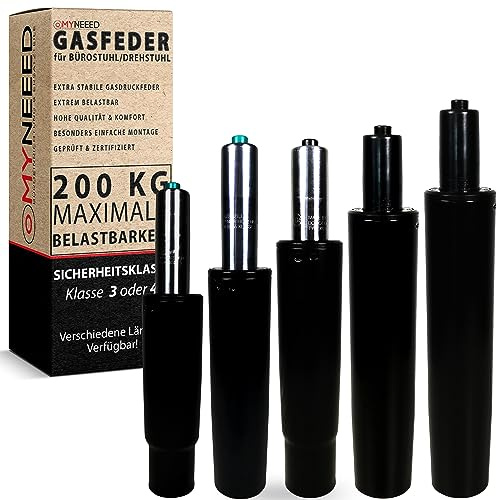 MYNEEED Gasfeder für Bürostuhl - Gasdruckfeder Belastbar bis 200 kg - Gasdruckdämpfer für Drehstuhl, Chefsessel, Hocker, Schreibtischstuhl - Gasfedersäule Bürostuhl, Standrohr-Länge:255 mm Schwarz