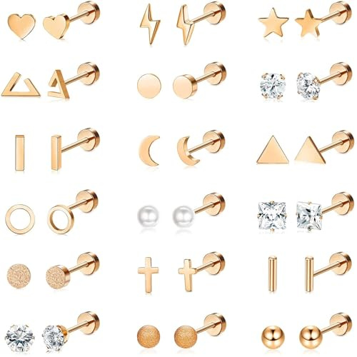 LOLIAS 18 Paar Chirurgische Edelstahl Ohrstecker - Für Frauen & Männer - Knorpelohrringe, Kreuz, Mond, Stern - Kleine Ohrstecker - Gold - Schraube - Flache Rückseite - Ohrringe - Ohrpiercing