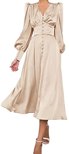 Hahaemma satinklänning dam elegant långärmad enfärgad retro V-ringning lyktfodral lång festlig fest bröllop satinklänning, Beige, M