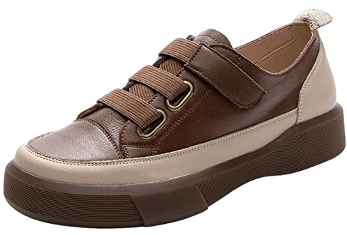 Jamron Dam retro stil äkta läder låg topp sneakers mjuk sula loafers skor med krok och ögla stängning, Brun, 39 EU