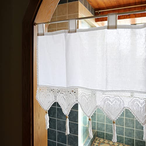 A.Monamour Tenda Corta per Finestra Piccola Con Nappe All'Uncinetto a Forma Di Cuore in Cotone Bianco Semitrasparente - Cucina Bistrot Caffè Mezza Mantovana a Vetro