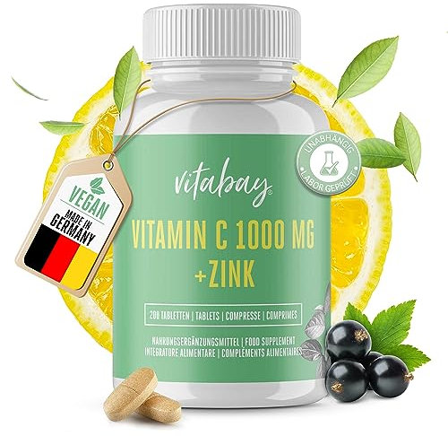 Vitabay Vitamin C Zink Tabletten 200 Vegane Tabletten 1000mg - Vitamin C hochdosiert Zink hochdosiert 1000mg C+ Kapseln
