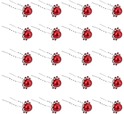 ZOUIQSS 20 Pack (Rouge) Perle Cristal Épingles À Cheveux Fleur Strass Pinces À Cheveux pour Mariée Mariage Femmes Accessoires De Bijoux De Cheveux, avec Récipient Transparent