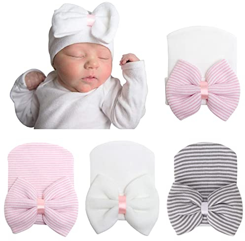 AQOKKA Mütze für Neugeborene, Babys, Mädchen, mit Schleife, keine Kratzer, Baumwolle, Kleinkindmütze, Beanie-Mütze, weich, Krankenhausmütze, 0–3 Monate, 4er-Pack Mütze: Stoffschleife, Weiß & Rosa