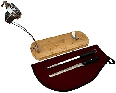 Jamenero Plegable Cabezal Giratorio + Cubre Jamon Burdeos + Afilador manual + Cuchillo Jamonero