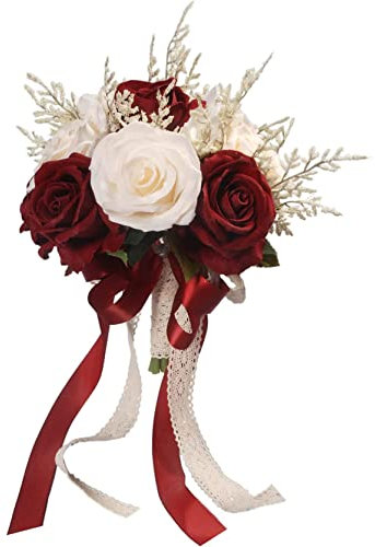 EXENXA Wedding Bouquets for Bride, Champagne White & Burgundy Rose Bridal Bouquets for Bride, Artificial Flower Bouquet for Wedding Church Home Decoration