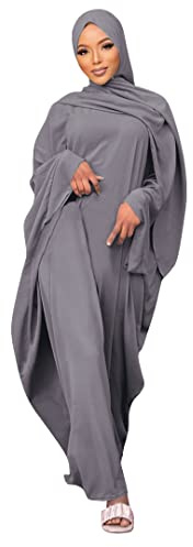 Odizli Gebetskleidung für Frauen Abaya Muslim Damen Muslimische Kleider Gebetskleid Langarm Islamische Namaz Elbisesi Jilbab Khimar Kaftan Ramadan Burka Ganzkörper Lang Robe Grau Haben Hijab F