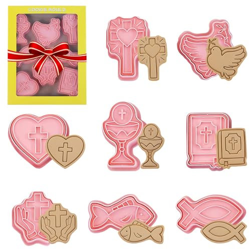 Set di 8 formine per biscotti per battesimo,3D Tagliabiscotti Cristiano Comunione Cookie Cutter Set tagliabiscotti calice piccione croce pesce per comunione, cresima, decorazione battesimo