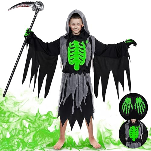 FORMIZON Costume da Mietitore di Halloween, Ragazzi Skull Reaper Costume, Morte Costume di Halloween con Maschera, Guanti, Vestito Scheletro Glow in The Dark per Bambini 5-12 Anni (L) (Mietitore, L)