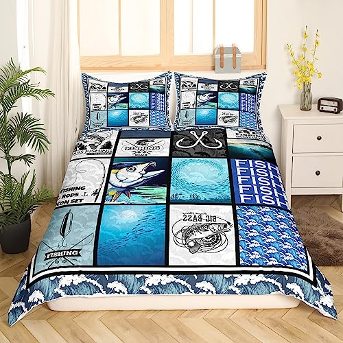 Homewish Hecht Fisch Bettwäsche Set Ozean Thema Tröster Abdeckung für Jungen Teens Jagd und Angeln Thema Bettbezug Big Pike Angeln Bettbezug Geometrie Patchwork Bass Big Fish Bettwäsche 135x200