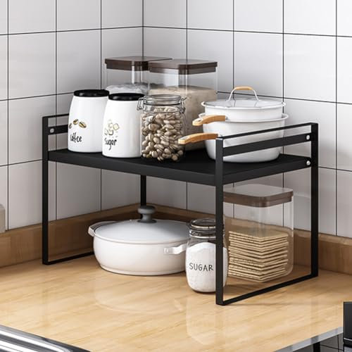 Sayudar Kitchen Cupboard Shelf Organiser, Extendable Cabinet Storage Shelf Stand Spice Rack, Multi-Function Space Saver Plate Organiser for Kitchen Countertop, Pantry, Cabinet, Fridge（Black）