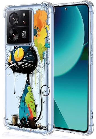 XINYEXIN Transparente Hülle für Xiaomi 13T / Xiaomi 13T Pro, Bunte Coole Kunst Graffiti Serie Süßes Muster, Ultra Dünn Stoßfest TPU Klare Handy Schutzhülle - Black Cat
