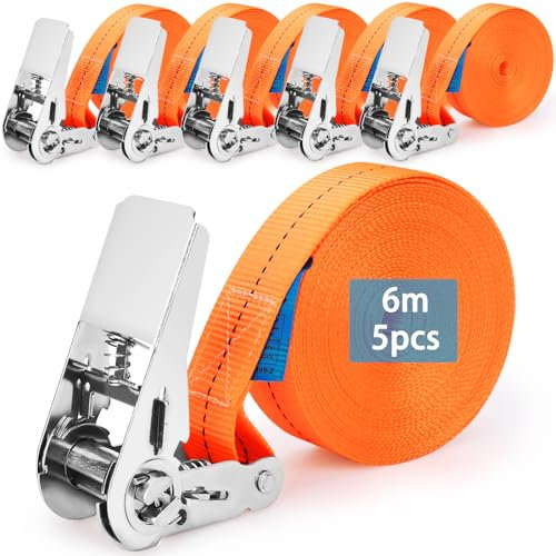 SAMISO Cinghie di Fissaggio a Cricchetto di Tensione (25mm, 6 Metri) - 800 Kg di Forza con Sistema di Stivaggio