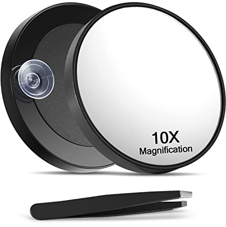 Macaki Miroir grossissant x10 avec 2 ventouses, miroir de maquillage grossissant de 8,8 cm et pince à épiler inclinée, 1 pièce, noir