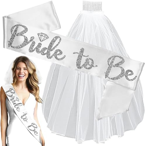 RhinestoneSash Bride Sash and Veil - SET OF 2: Silver Diamond Bride to Be THICK BRIDAL GRADE SATIN White Sash & Bachelorette Length White Veil - VeilSet(SLV DiaB2B) Wht