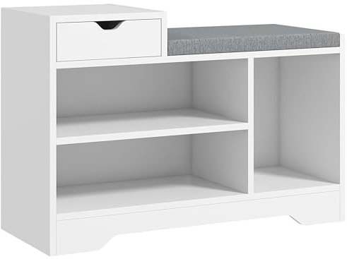 HOMCOM Banc à Chaussures, Banc de Rangement, 1 tiroir et 3 Compartiments, Meuble d'entrée avec Coussin rembourrée, pour Couloir, entrée, Chambre, 76,5 x 30 x 52 cm, Blanc