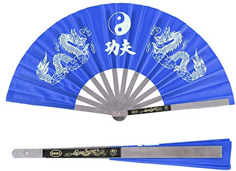 Large Folding Hand Fan, Stainless Steel Tai Chi Martial Arts Handheld Fan Written Kung Fu Dual Dragons Dance Practice Training Performance Fans Chinese Style for Men Women Decorations Festival