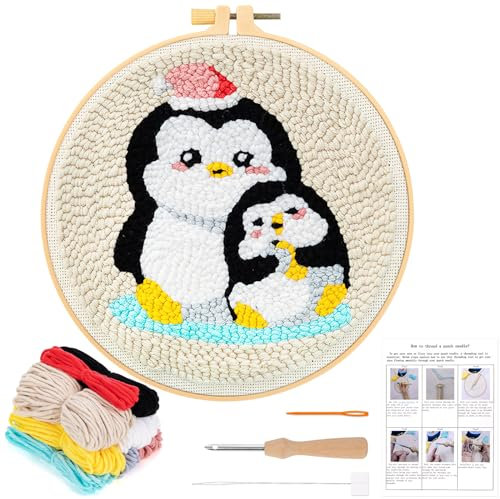 JSRQT Punch Needle Kit for Beginners Starter Penguin Pattern Handcraft DIY Embroidery for Kids Adults Craft with Instructions Hoop