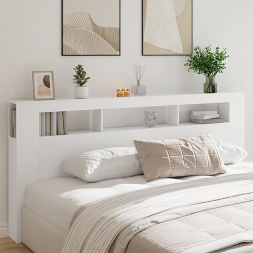 SECOLI Testiera Letto Matrimoniale con Scomparti e Luci in Legno Multistrato Bianca 220x18,5x103,5 cm