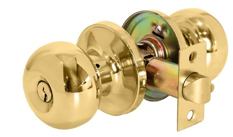 XFORT Bello - Pomello per ingresso in ottone lucido, con serratura per porte interne in legno, set completo con chiavistello tubolare e 3 chiavi